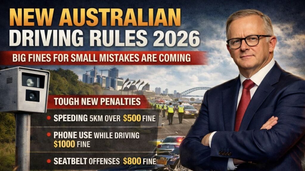 A bold, eye-catching news-style poster about "New Australian Driving Rules 2026" with dramatic cinematic lighting. The design includes a large headline in yellow and white text: "NEW AUSTRALIAN DRIVING RULES 2026" and a red warning banner stating "BIG FINES FOR SMALL MISTAKES ARE COMING". In the foreground, a realistic portrait of Australian Prime Minister Anthony Albanese wearing a suit, arms crossed, looking serious and authoritative. Background shows Australian highway police stopping cars, speed camera, and Sydney skyline including Opera House and Harbour Bridge. Include small text highlights listing penalties like speeding fines, phone usage fines, and seatbelt violations. Use high contrast, sharp detail, realistic textures, and professional magazine/news poster composition.